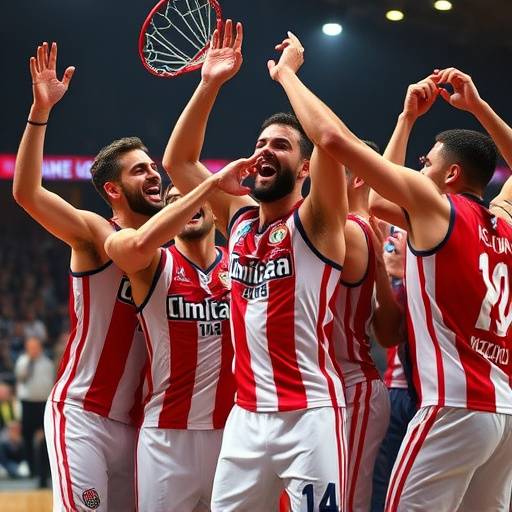 Giocatori dell'Olimpia Milano festeggiano la vittoria di una partita di campionato